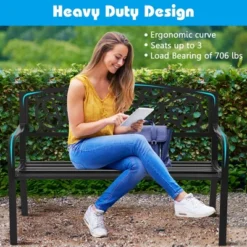 Costway Garden Bench Park Yard Outdoor Furniture Steel Frame Porch Path Loveseat Black -Costway GUEST 6ac96fa7 b932 4850 8497 6da3b4ed794b