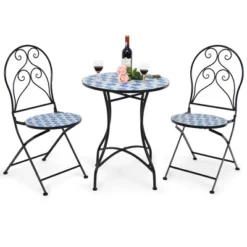 Costway 3PCS Patio Bistro Furniture Set Folding Chair Mosaic Design Garden Blue