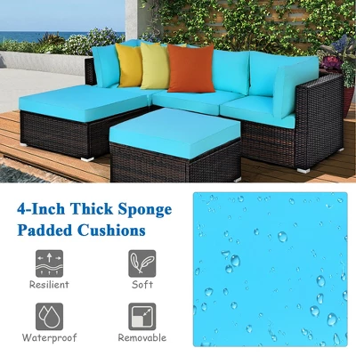 Costway 5PCS Patio Rattan Sectional Conversation Set Ottoman Turquoise 5 Costway 5PCS Patio Rattan Sectional Conversation Set Ottoman Turquoise - Image 5