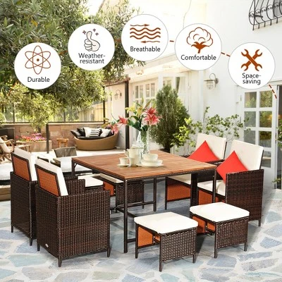 Costway 9PCS Acacia Wood Patio Rattan Dining Set Cushioned Chairs Ottoman 4 Costway 9PCS Acacia Wood Patio Rattan Dining Set Cushioned Chairs Ottoman - Image 4