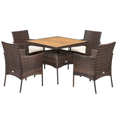 Costway 5PCS Patio Rattan Dining Furniture Set Arm Chair Wooden Table Top 9 Costway 5PCS Patio Rattan Dining Furniture Set Arm Chair Wooden Table Top - Image 9