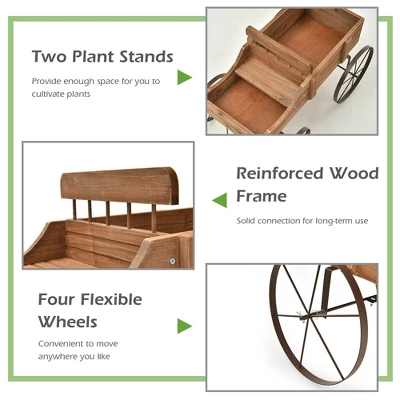 Costway Garden Plant Planter Wooden Wagon Planter W/ Wheel Garden Yard 8 Costway Garden Plant Planter Wooden Wagon Planter W/ Wheel Garden Yard - Image 8