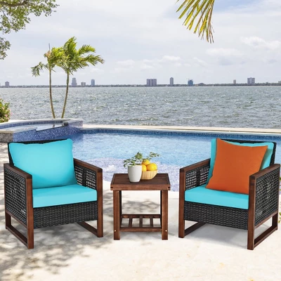 Costway 3PCS Patio Wicker Furniture Set Solid Wood Frame Cushion Sofa W/ Square Table Shelf 10 Costway 3PCS Patio Wicker Furniture Set Solid Wood Frame Cushion Sofa W/ Square Table Shelf - Image 10