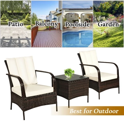 Costway 3 PCS Patio Rattan Furniture Set Coffee Table & 2 Rattan Chair W/White Cushions 5 Costway 3 PCS Patio Rattan Furniture Set Coffee Table & 2 Rattan Chair W/White Cushions - Image 5