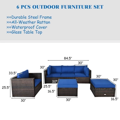 Costway 6PCS Patio Rattan Furniture Set Sofa Coffee Table Ottoman Navy 2 Costway 6PCS Patio Rattan Furniture Set Sofa Coffee Table Ottoman Navy - Image 2