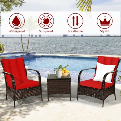 Costway 3 PCS Patio Rattan Furniture Set Coffee Table & 2 Rattan Chair W/Red Cushions 6 Costway 3 PCS Patio Rattan Furniture Set Coffee Table & 2 Rattan Chair W/Red Cushions - Image 6
