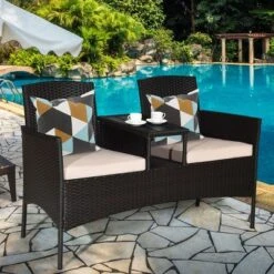 Costway Patented Patio Rattan Chat Set Loveseat Sofa Table Chairs Conversation Cushioned