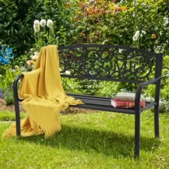 Costway Garden Bench Park Yard Outdoor Furniture Steel Frame Porch Path Loveseat Black -Costway GUEST 704b4459 5142 45ce 8d39 e8f055c3cea2