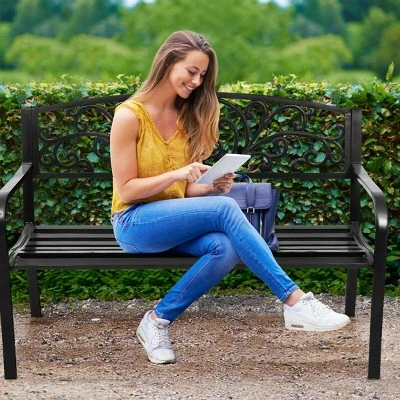 Costway 50'' Patio Park Garden Bench Porch Chair Steel Frame Cast Iron Backrest 2 Costway 50'' Patio Park Garden Bench Porch Chair Steel Frame Cast Iron Backrest - Image 2