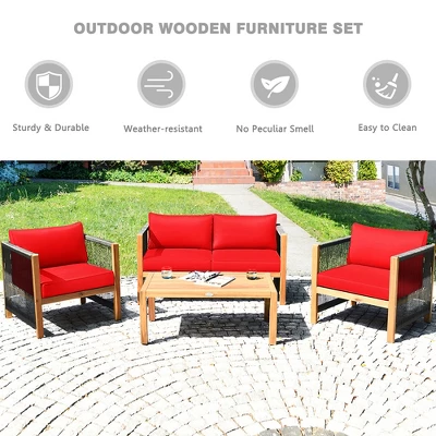 Costway 8PCS Wooden Patio Furniture Set Cushioned Sofa W/Rope Armrest WhiteTurquoiseRed 3 Costway 8PCS Wooden Patio Furniture Set Cushioned Sofa W/Rope Armrest WhiteTurquoiseRed - Image 3