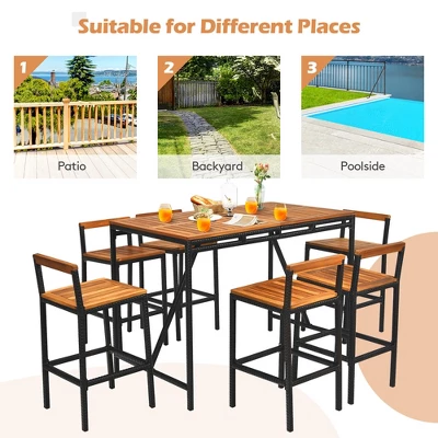 Costway 7PCS Patio Rattan Bar Set Acacia Wood Frame Stools Table Umbrella Hole 5 Costway 7PCS Patio Rattan Bar Set Acacia Wood Frame Stools Table Umbrella Hole - Image 5