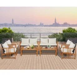 Costway 8PCS Patio Mix Brown Wicker Sofa Set Acacia Wood Frame With Seat & Back Cushions -Costway GUEST 710d51ca a0e8 40e0 873d faa241fb5502
