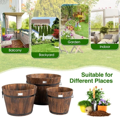 Costway 3 Pcs Wooden Planter Barrel Set Decorative Flower Bed Multiple Size 4 Costway 3 Pcs Wooden Planter Barrel Set Decorative Flower Bed Multiple Size - Image 4