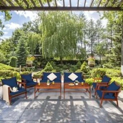 Costway 8PCS Patio Rattan Furniture Set Acacia Wood Frame Cushioned Sofa Chair RedNavy -Costway GUEST 7132b9f9 b519 4f5f bdab 7f8b6c4bf2c8