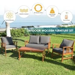 Costway 4PCS Wooden Patio Furniture Set Table Sofa Chair Cushioned Garden NEW -Costway GUEST 71cfc0b7 4a99 4530 8454 f2917b3fb1c1