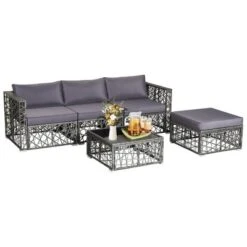 Costway 5 Pieces Patio PE Rattan Wicker Sofa Furniture Set Cushioned Outdoor Grey