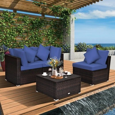Costway 4PCS Patio Rattan Furniture Set Sofa Ottoman Cushion Garden Deck Navy 8 Costway 4PCS Patio Rattan Furniture Set Sofa Ottoman Cushion Garden Deck Navy - Image 8