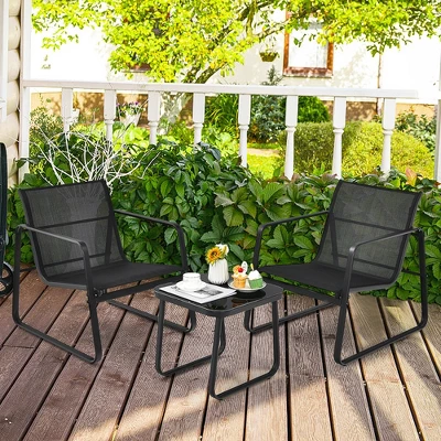 Costway 3PCS Patio Bistro Furniture Set Glass Top Table Garden Deck Black 1 Costway 3PCS Patio Bistro Furniture Set Glass Top Table Garden Deck Black