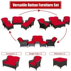 Costway 5PCS Patio Rattan Furniture Set Loveseat Sofa Ottoman W/RedWhite Cushion -Costway GUEST 723b8270 0e60 4ab3 a55e 4880c23046d7