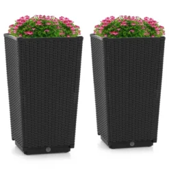 Costway 2PCS Outdoor Wicker Flower Pot 22.5''Tall Planters With Drainage Hole Black/Coffee -Costway GUEST 7280eabb 643a 4fe9 8f93 de122410efc8