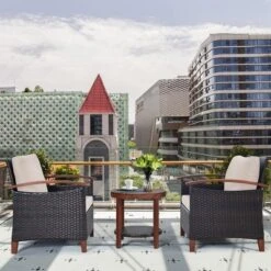 Costway 3PCS Patio Wicker Sofa Set Acacia Wood Frame With Beige &Turquoise Cushion Covers -Costway GUEST 73a78c93 5998 4149 bca5 2b09d53620ac