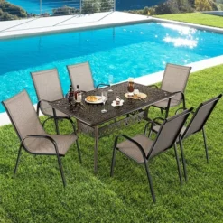 Costway 59'' Outdoor Dining Table All-Weather Cast Aluminum Umbrella Hole 6 Person Bronze