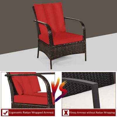 Costway 3 PCS Patio Rattan Furniture Set Coffee Table & 2 Rattan Chair W/Red Cushions 7 Costway 3 PCS Patio Rattan Furniture Set Coffee Table & 2 Rattan Chair W/Red Cushions - Image 7