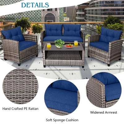 Costway 4 PCS/8PCS Patio Rattan Furniture Set Coffee Table Cushioned Sofa Garden Lawn Navy 6 Costway 4 PCS/8PCS Patio Rattan Furniture Set Coffee Table Cushioned Sofa Garden Lawn Navy - Image 6