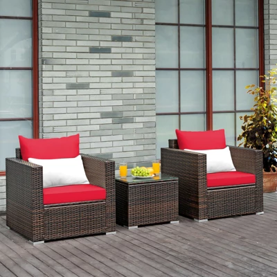 Costway 3PCS Patio Rattan Furniture Set Conversation Sofa Cushioned TurquoiseRed 9 Costway 3PCS Patio Rattan Furniture Set Conversation Sofa Cushioned TurquoiseRed - Image 9
