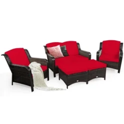 Costway 5PCS Patio Rattan Furniture Set Loveseat Sofa Ottoman W/RedWhite Cushion -Costway GUEST 74d402cf 7afe 4469 b1a0 4029f64bc696