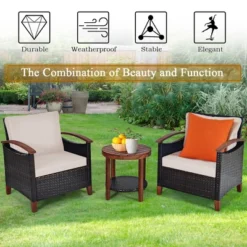 Costway 3PCS Patio Wicker Sofa Set Acacia Wood Frame With Beige &Turquoise Cushion Covers -Costway GUEST 75ef32c4 536e 4ed2 adb4 636113669b09