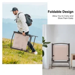 Costway 2 Pcs Patio Folding Sling Dining Chairs Armrests Steel Frame Outdoor Beige/Grey -Costway GUEST 76259281 fb1d 4ee6 9614 44d3b6ae0766