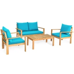 Costway 4PCS Patio Furniture Set Acacia Wood Thick Cushion Loveseat Sofa Off WhiteTurquoiseGrey -Costway GUEST 76bff877 fc0a 4c34 b371 38d57a40a646