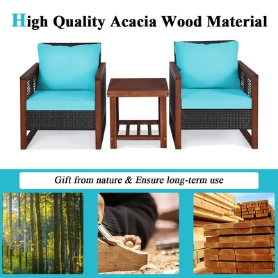 Costway 3PCS Patio Wicker Furniture Set Solid Wood Frame Cushion Sofa W/ Square Table Shelf 6 Costway 3PCS Patio Wicker Furniture Set Solid Wood Frame Cushion Sofa W/ Square Table Shelf - Image 6