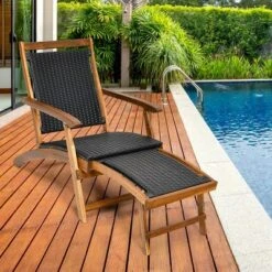 Costway 2PCS Patio Folding Rattan Lounge Chair Wood Frame Retractable Footrest
