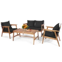 Costway 4PCS Patio Rattan Furniture Set Wooden Cushioned Sofa With Black & Turquoise Cover -Costway GUEST 783d0640 eaad 40d5 8bc9 4990a7b20ba9