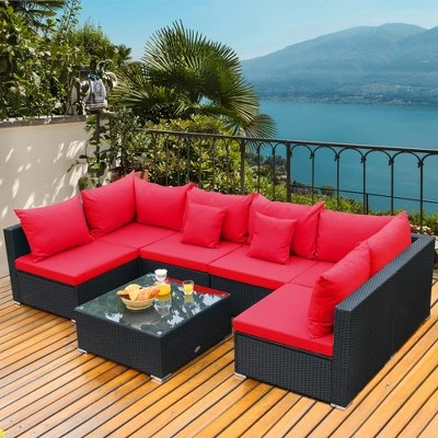 Costway 7PCS Rattan Patio Conversation Set Sectional Furniture Set W/ Red Cushion 5 Costway 7PCS Rattan Patio Conversation Set Sectional Furniture Set W/ Red Cushion - Image 5