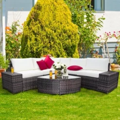 Costway 6PCS Rattan Furniture Set Conversation Cushioned Sofa Armrest Garden TurquoiseWhite -Costway GUEST 7978489e a1b6 4bd9 849f 3b946b489e7a