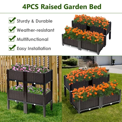 Costway Set Of 4 Raised Garden Bed Elevated Flower Vegetable Herb Grow Planter Box Brown 6 Costway Set Of 4 Raised Garden Bed Elevated Flower Vegetable Herb Grow Planter Box Brown - Image 6