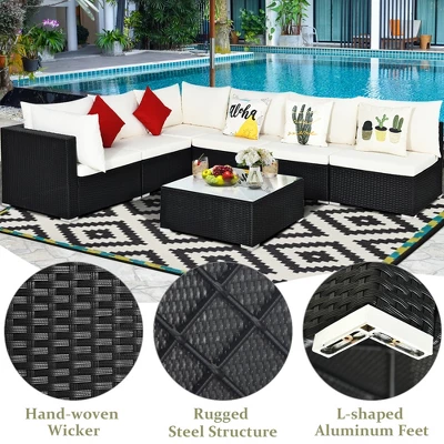 Costway 7PCS Patio Rattan Furniture Set Sectional Sofas Off White & Black Cushion Covers 5 Costway 7PCS Patio Rattan Furniture Set Sectional Sofas Off White & Black Cushion Covers - Image 5