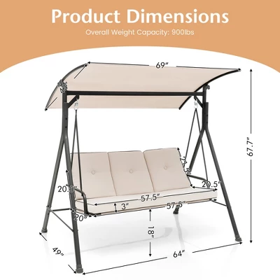 Costway 3-Person Hammock Chair Patio Porch Swing With Adjustable Canopy, Removable Cushion 4 Costway 3-Person Hammock Chair Patio Porch Swing With Adjustable Canopy, Removable Cushion - Image 4