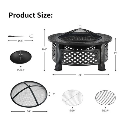 Costway 32'' Round Fire Pit Set W/ Rain Cover BBQ Grill Log Grate Poker 2 Costway 32'' Round Fire Pit Set W/ Rain Cover BBQ Grill Log Grate Poker - Image 2