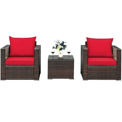 Costway 3PCS Patio Rattan Furniture Set Conversation Sofa Cushioned TurquoiseRed 8 Costway 3PCS Patio Rattan Furniture Set Conversation Sofa Cushioned TurquoiseRed - Image 8