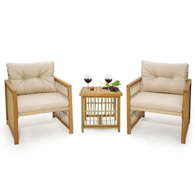 Costway 3PCS Patio PE Wicker Conversation Set Acacia Wood Frame WithSeat & Back Cushions 6 Costway 3PCS Patio PE Wicker Conversation Set Acacia Wood Frame WithSeat & Back Cushions - Image 6