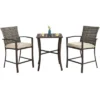 Costway 3PCS Patio Rattan Bar Furniture Set Slat Table 2 Cushioned Stools Poolside Brown