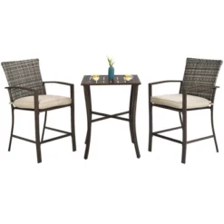 Costway 3PCS Patio Rattan Bar Furniture Set Slat Table 2 Cushioned Stools Poolside Brown