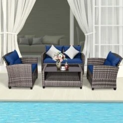 Costway 4 PCS/8PCS Patio Rattan Furniture Set Coffee Table Cushioned Sofa Garden Lawn Navy