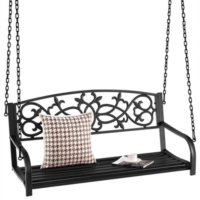 Costway 2-Person Metal Outdoor Porch Swing Hanging Patio Bench 485 Lbs Capacity BlackBrown 1 Costway 2-Person Metal Outdoor Porch Swing Hanging Patio Bench 485 Lbs Capacity BlackBrown
