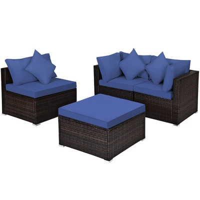 Costway 4PCS Patio Rattan Furniture Set Sofa Ottoman Cushion Garden Deck Navy 3 Costway 4PCS Patio Rattan Furniture Set Sofa Ottoman Cushion Garden Deck Navy - Image 3