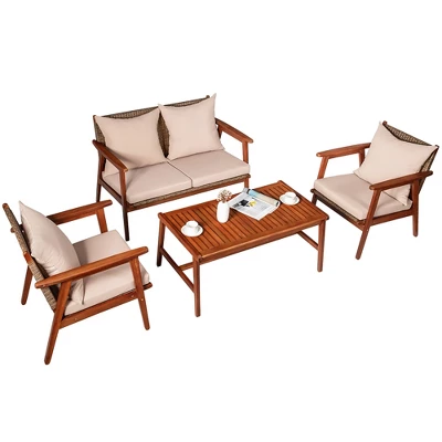 Costway 8PCS Patio Rattan Furniture Set Acacia Wood Frame Cushioned Sofa Chair Garden 8 Costway 8PCS Patio Rattan Furniture Set Acacia Wood Frame Cushioned Sofa Chair Garden - Image 8